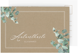 Klick: Details zu Antwortkarte Hochzeit "Eucalypt" anzeigen Antwortkarte Hochzeit Eucalypt A6 Postkarte Kraftpapier mit Eukalyptus und edlem Rahmen