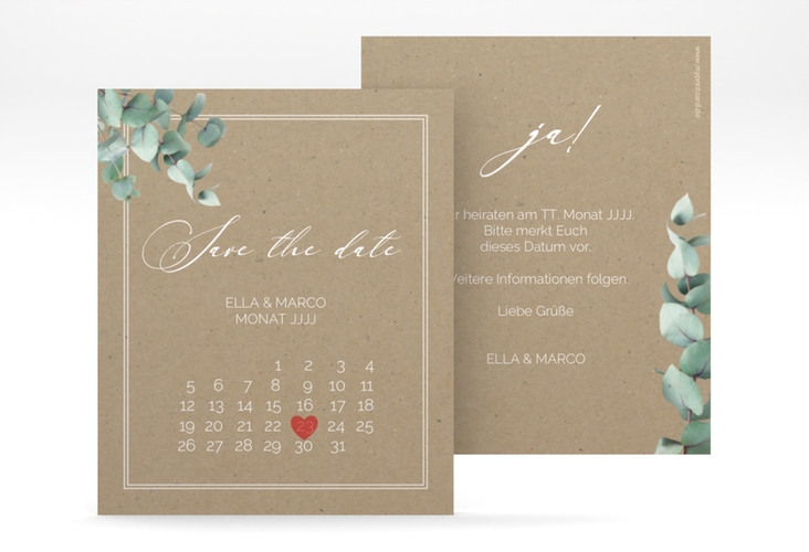 Save the Date-Kalenderblatt Eucalypt Kalenderblatt-Karte Kraftpapier mit Eukalyptus und edlem Rahmen