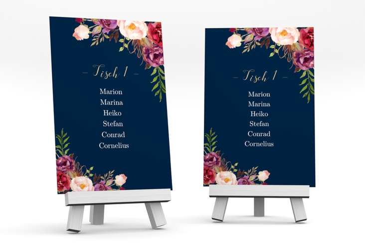 Tischaufsteller Hochzeit Flowers Tischaufsteller blau mit bunten Aquarell-Blumen
