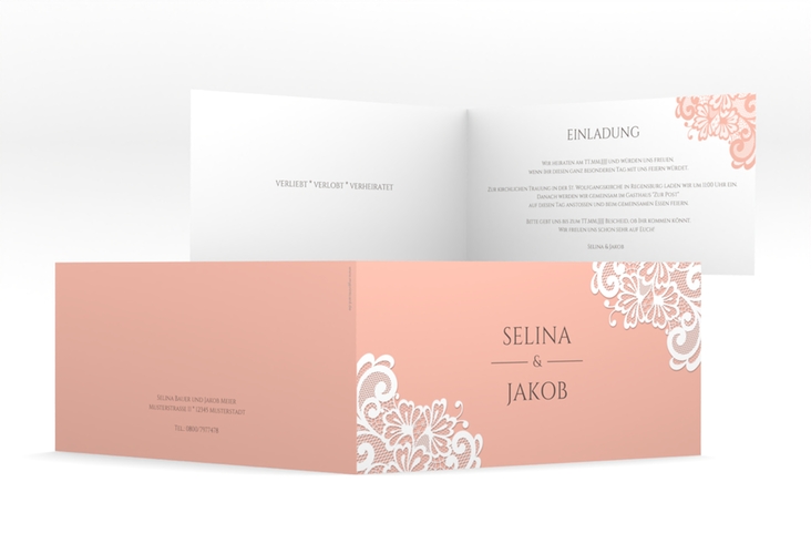 Hochzeitseinladung Vintage lange Klappkarte quer apricot mit floraler Spitze