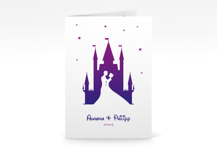 Einladungskarte Hochzeit Castle A6 Klappkarte hoch lila hochglanz