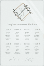 Klick: Details zu Sitzplan Acryl Hochzeit "Greenletter" anzeigen Sitzplan Acryl Hochzeit Greenletter 40 x 60 cm Acryl gruen mit Initialen in elegantem Goldrahmen mit Blättern