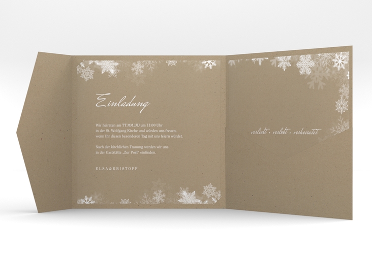 Hochzeitseinladung Snowfall Pocketfold hochglanz mit Schneeflocken für Winterhochzeit