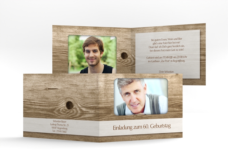 Einladung 60. Geburtstag Michael/Michaela A6 Klappkarte quer im rustikalen Holz-Design mit Foto