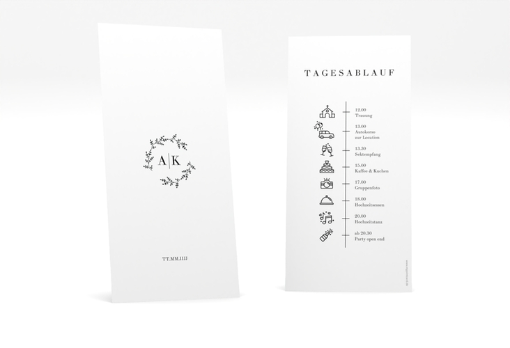 Tagesablauf Hochzeit Filigrana lange Karte hoch in reduziertem Design mit Initialen und zartem Blätterkranz