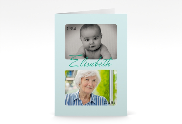 Einladung 80. Geburtstag Zeitlos A6 Klappkarte hoch mint mit Damals- und Heute-Fotos