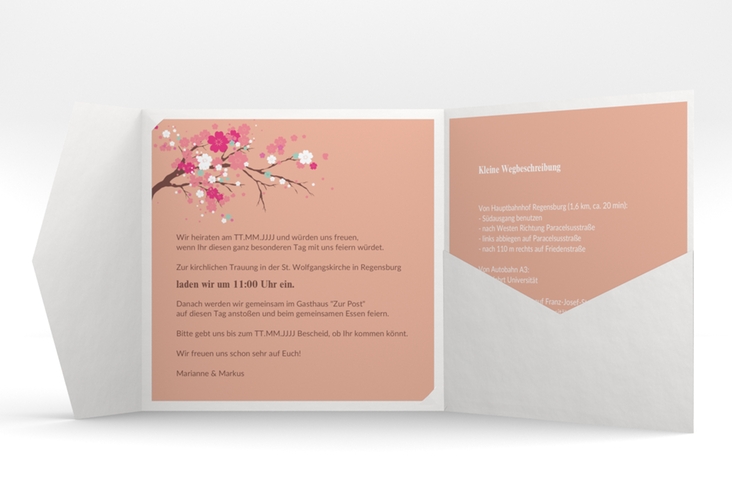 Hochzeitseinladung Sakura Pocketfold apricot hochglanz