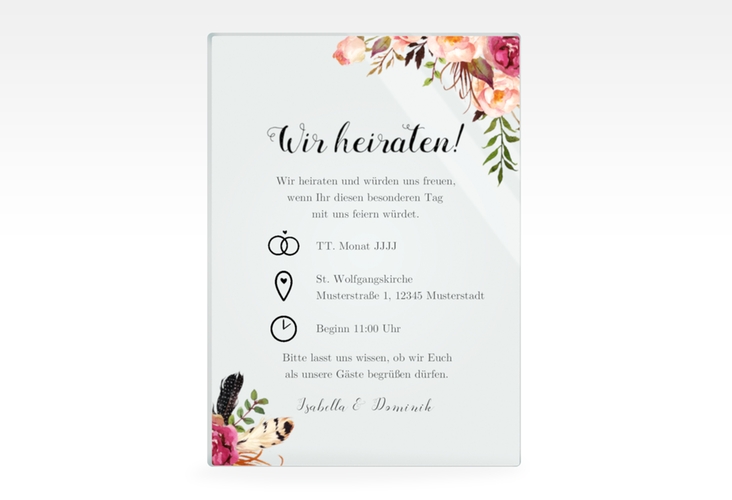Acryl-Hochzeitseinladung Flowers Acrylkarte hoch hochglanz mit bunten Aquarell-Blumen