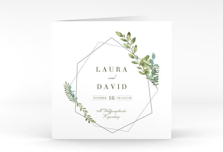Hochzeitseinladung Herbarium quadr. Klappkarte grau mit geometrischem Rahmen und Blätter-Dekor