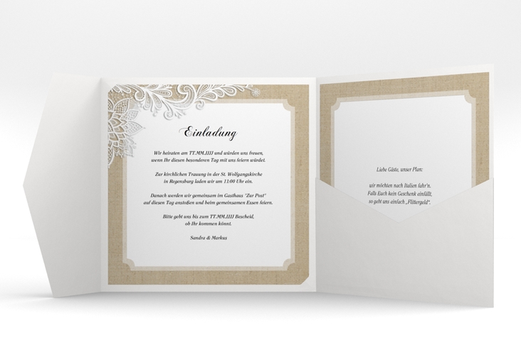 Hochzeitseinladung Lace Pocketfold in Leinen-Optik mit weißer Spitze