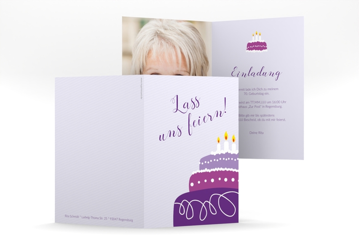 Einladung 70. Geburtstag Cake A6 Klappkarte hoch flieder