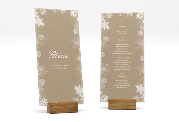 Menükarte Hochzeit Snowfall lange Karte hoch Kraftpapier hochglanz mit Schneeflocken für Winterhochzeit