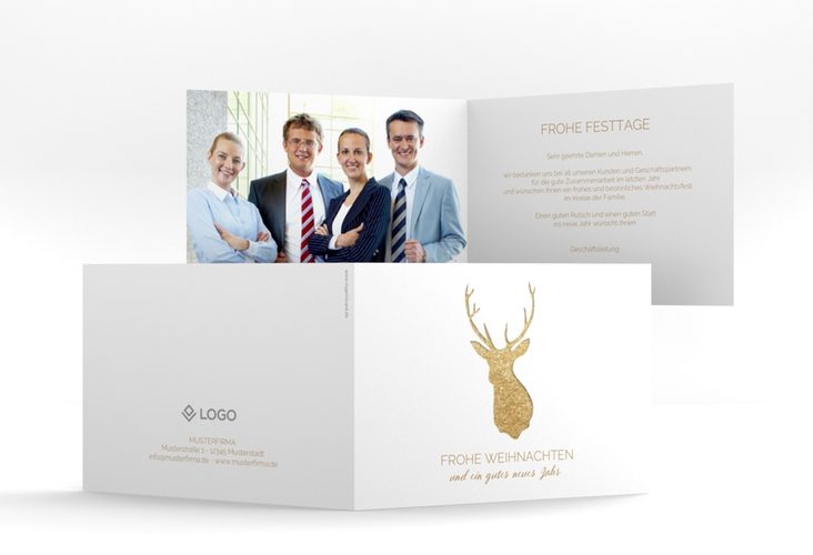 Geschäftliche Weihnachtskarte Deer A6 Klappkarte quer gold hochglanz und weiß mit Hirschkopf