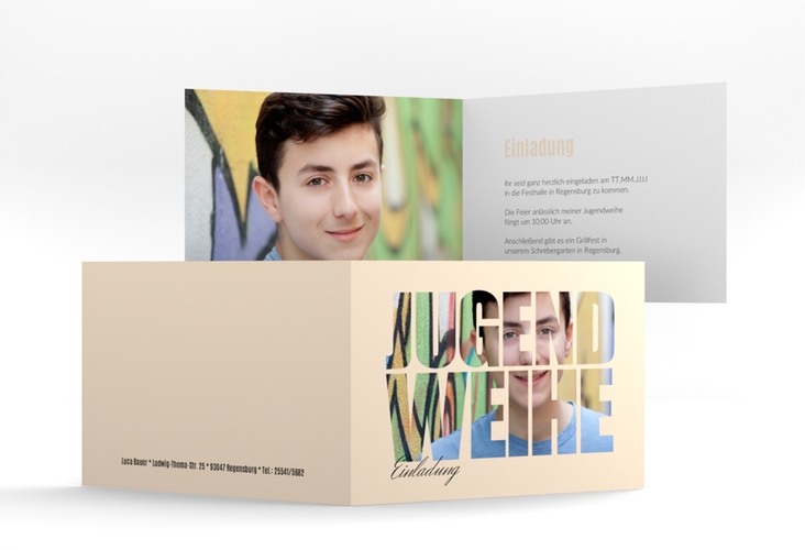 Einladung Jugendweihe Teenager A6 Klappkarte quer beige hochglanz