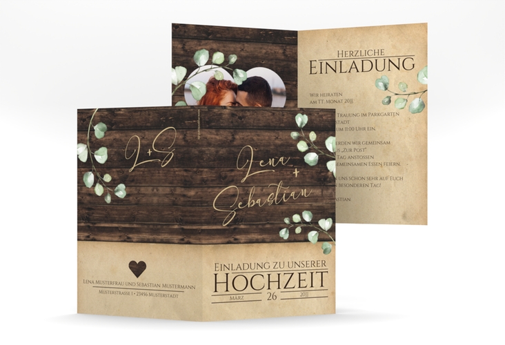 Einladungskarte Hochzeit Landhaus A6 Klappkarte hoch in Holz-Optik mit Eukalyptus