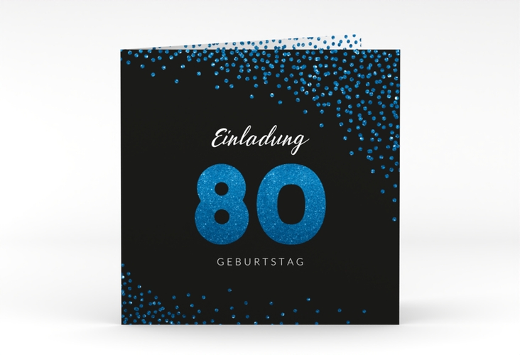 Einladung 80. Geburtstag Glitzer quadr. Klappkarte blau hochglanz