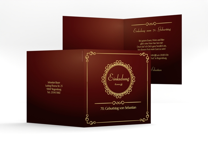 Einladung 70. Geburtstag Bert/Berta quadr. Klappkarte rot