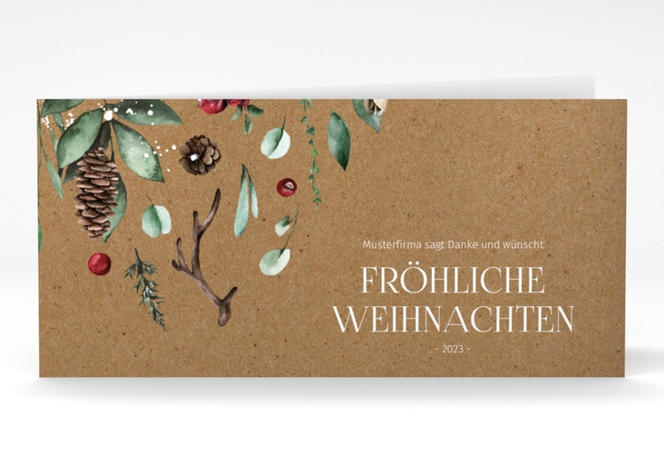 Geschäftliche Weihnachtskarte Weihnachtsgrüße lange Klappkarte quer hochglanz mit modernem Pflanzen-Dekor