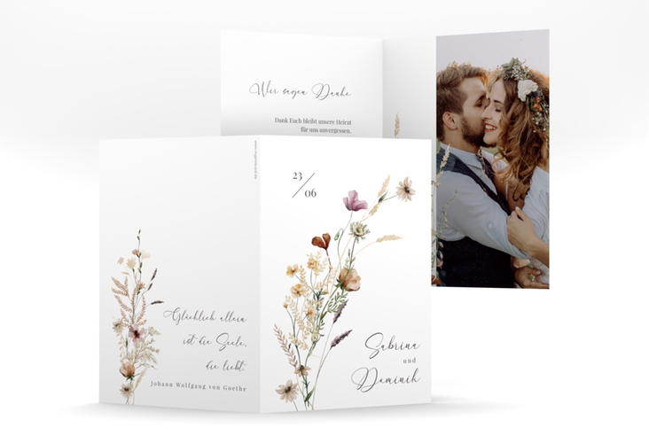 Danksagungskarte Hochzeit Sauvages A6 Klappkarte hoch weiss mit getrockneten Wiesenblumen