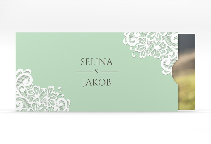 Hochzeitseinladung Vintage Einsteckkarte mint hochglanz mit floraler Spitze