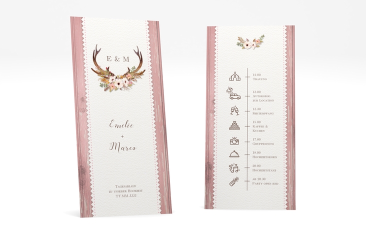 Tagesablauf Hochzeit Heimatjuwel lange Karte hoch rosa hochglanz mit Hirschgeweih und Holz-Hintergrund