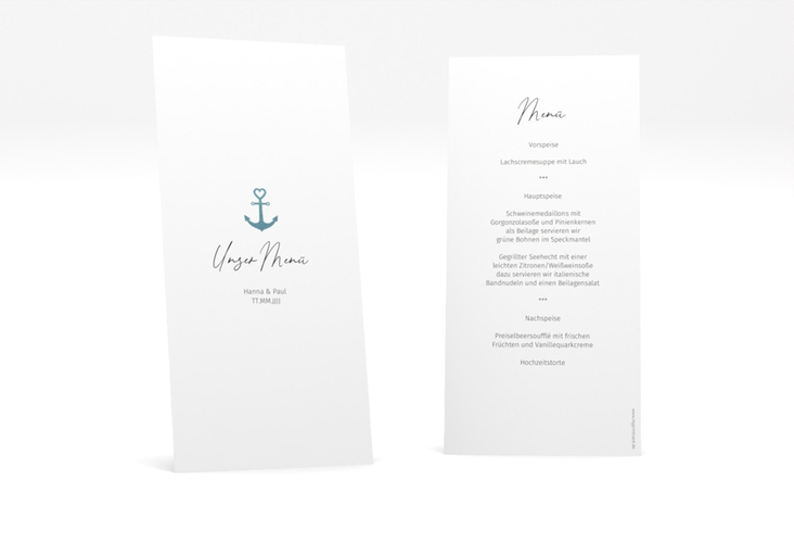 Menükarte Hochzeit Ankerliebe lange Karte hoch im minimalistischen maritimen Design mit Anker