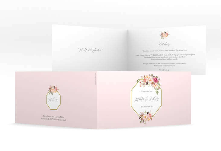 Hochzeitseinladung Prachtvoll lange Klappkarte quer rosa hochglanz