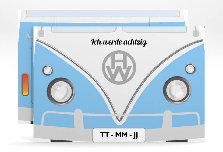 Einladung 80. Geburtstag Bulli Bus A6 Karte quer blau hochglanz