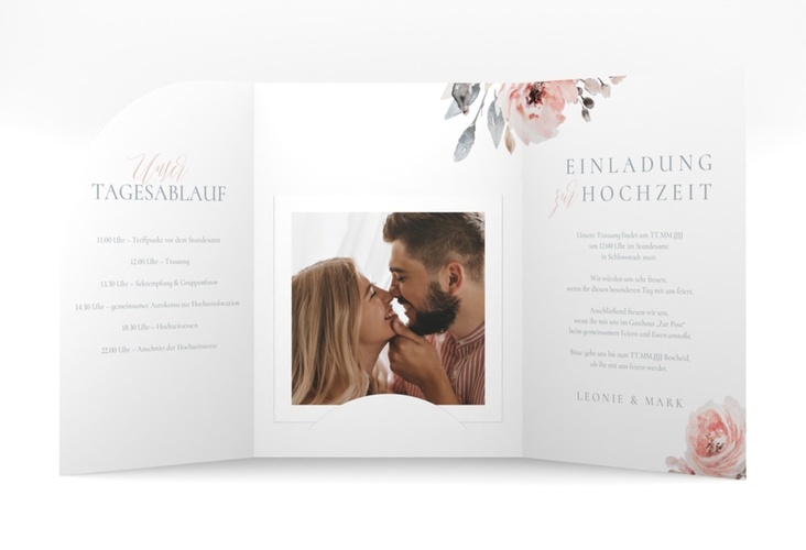 Hochzeitseinladung Perfection mittlere Bogen-Wickelfalzkarte weiss mit rosa Rosen