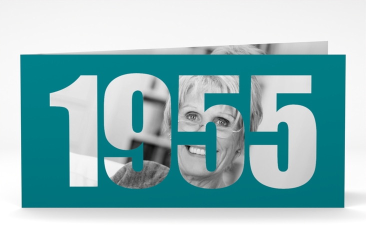 Einladungskarte Jahreszahl 2025 lange Klappkarte quer tuerkis