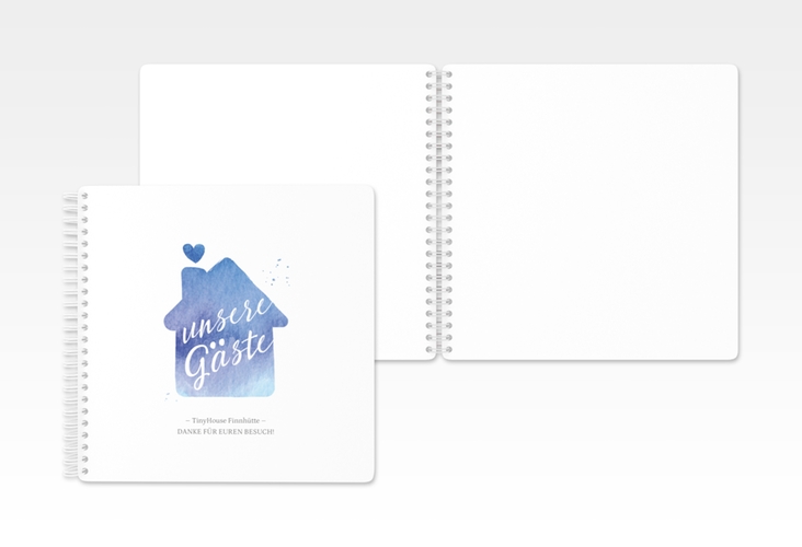 Gästebuch Ferienwohnung Tiny House Ringbindung blau mit Aquarell-Häuschen