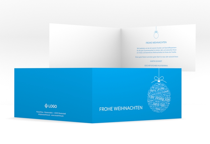 Geschäftliche Weihnachtskarte Wunderkugel lange Klappkarte quer blau hochglanz schlicht mit Weihnachtskugel