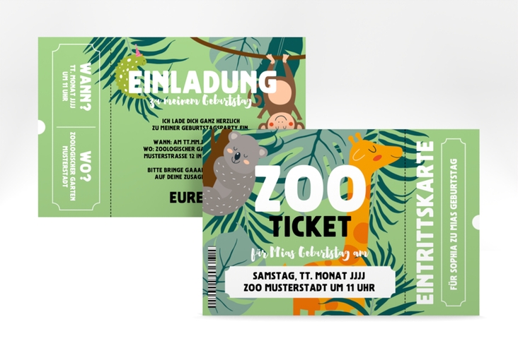 Einladungskarte Kindergeburtstag Zooticket A6 Karte quer gruen mit Giraffe und Dschungel-Tieren