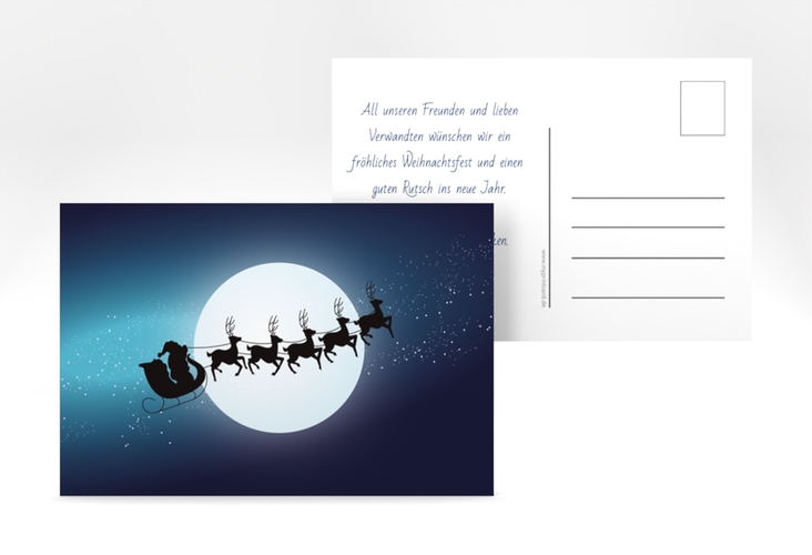 Weihnachtskarte Santa A6 Postkarte dunkelblau mit fliegendem Rentierschlitten
