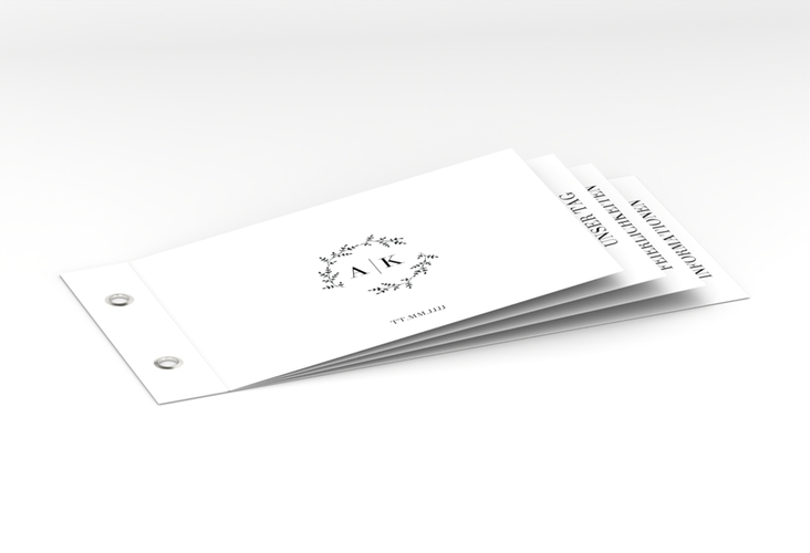 Hochzeitseinladung Filigrana Booklet schwarz in reduziertem Design mit Initialen und zartem Blätterkranz
