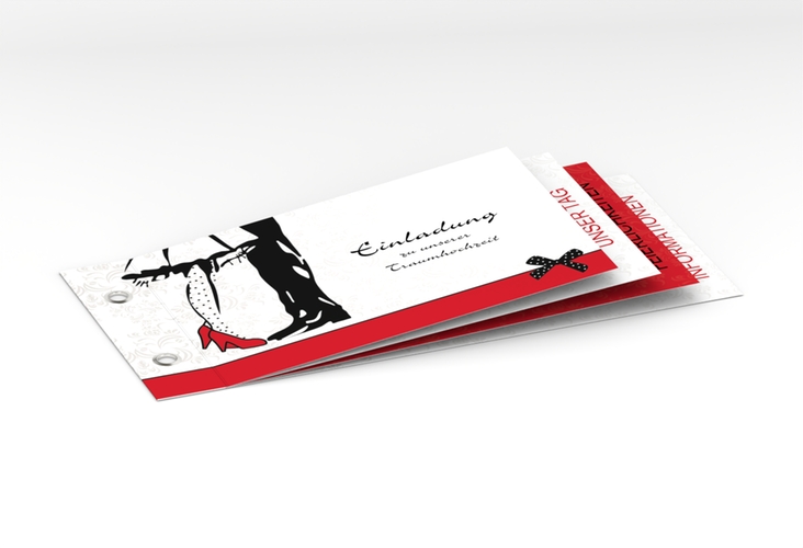 Hochzeitseinladung Straßburg Booklet rot hochglanz mit Rockabilly-Brautpaar