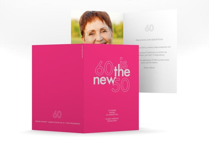 Einladung 60. Geburtstag Grateful A6 Klappkarte hoch pink