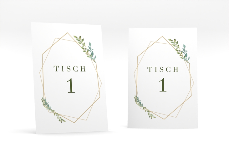 Tischnummer Hochzeit Herbarium Tischaufsteller gold mit geometrischem Rahmen und Blätter-Dekor