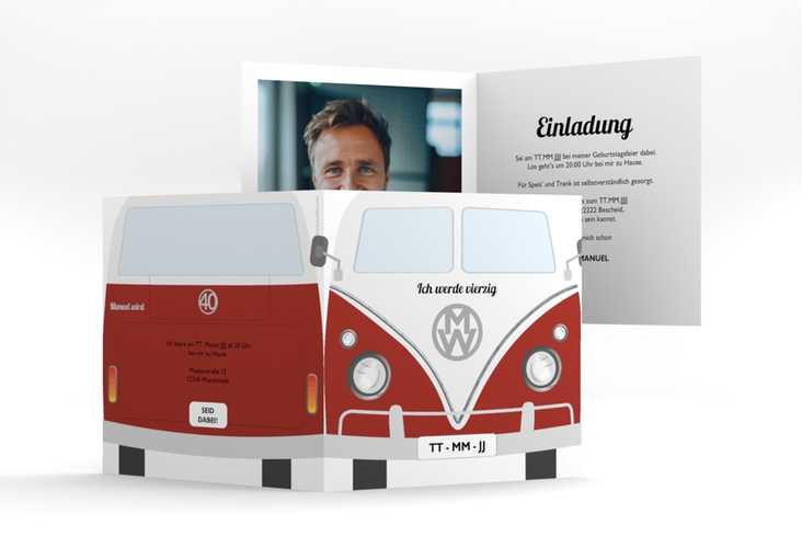 Einladung 40. Geburtstag Bulli Bus quadr. Klappkarte rot