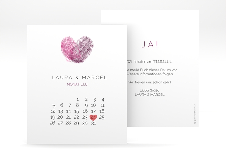 Save the Date-Kalenderblatt Fingerprint Kalenderblatt-Karte pink schlicht mit Fingerabdruck-Motiv