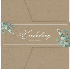 Klick: Details zu Hochzeitseinladung "Eucalypt" anzeigen Hochzeitseinladung Eucalypt Pocketfold Kraftpapier mit Eukalyptus und edlem Rahmen