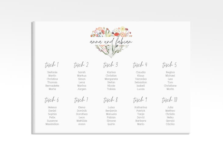 Sitzplan Leinwand Hochzeit Wildblumenherz 70 x 50 cm Leinwand bunt