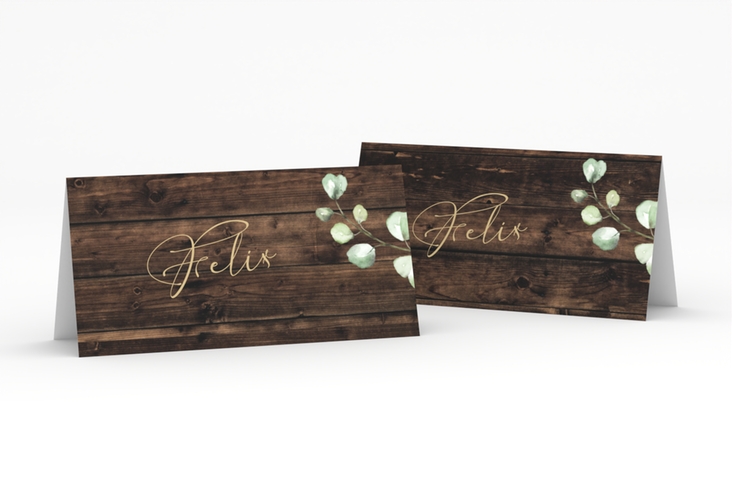 Tischkarte Hochzeit Landhaus Tischkarten braun in Holz-Optik mit Eukalyptus