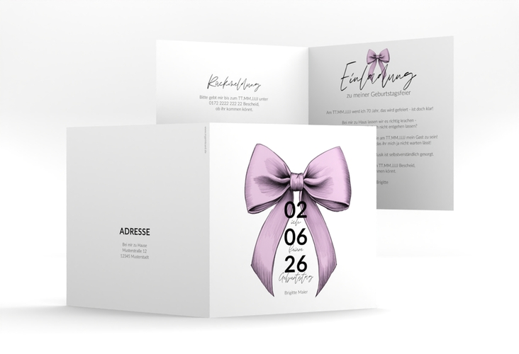 Einladung 70. Geburtstag Geburtstagsschleife quadr. Klappkarte rosa hochglanz
