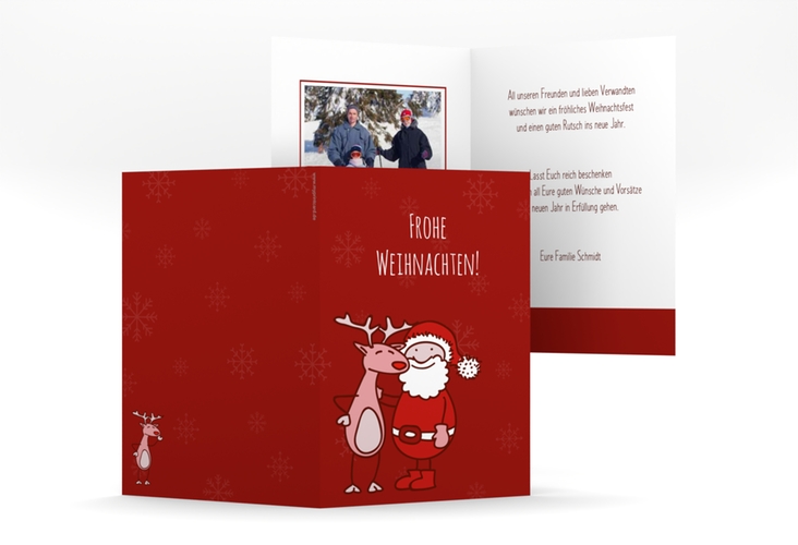Weihnachtskarte Cartoon A6 Klappkarte hoch rot hochglanz lustig mit Rentier Rudolph und Weihnachtsmann