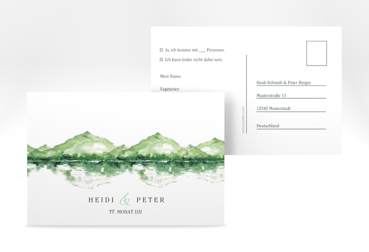 Antwortkarte Hochzeit Bergliebe A6 Postkarte gruen mit Gebirgspanorama für Berghochzeit