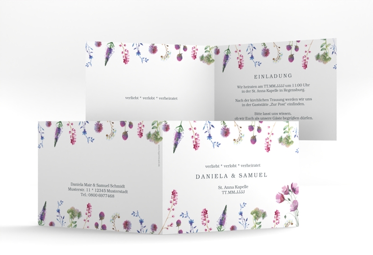 Hochzeitseinladung Wildblumen A6 Klappkarte quer weiss