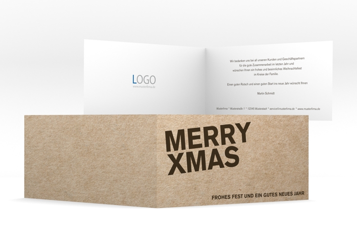 Geschäftliche Weihnachtskarte Cardboard lange Klappkarte quer hochglanz modern in Kraftpapier-Optik
