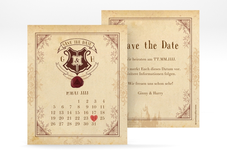 Save the Date-Kalenderblatt Zauberkunst Kalenderblatt-Karte beige mit Fantasy-Wappen, Siegel und Zauberschule