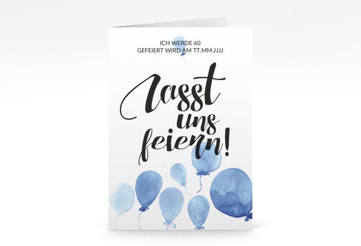 Einladung 60. Geburtstag Ballon A6 Klappkarte hoch blau mit Luftballons im Aquarell-Design
